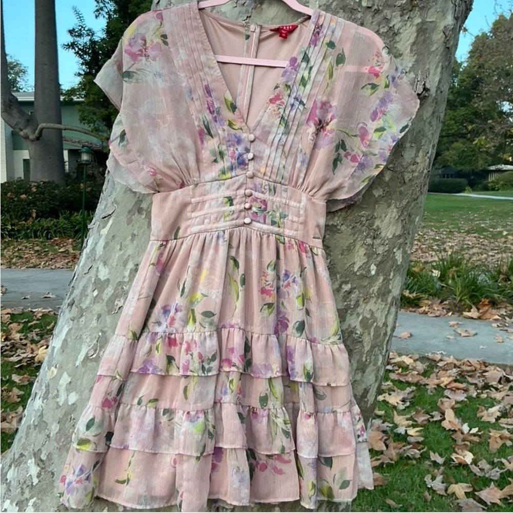 GUESS Floral Pink Dress with Ruffle Details